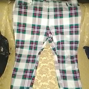 Plaid red blue and turquoise pants